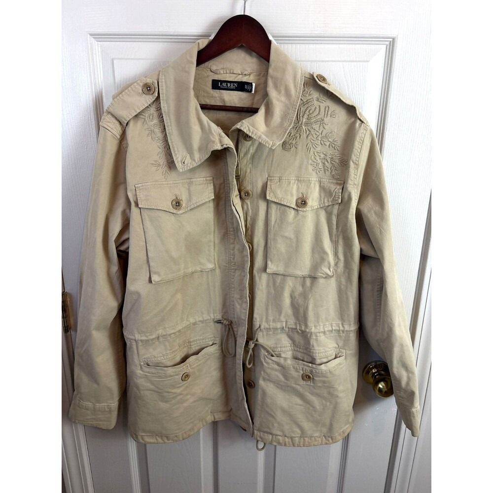Lauren Ralph Lauren Utility Jacket Womens XL Tan Embroidered Field Safari Coat